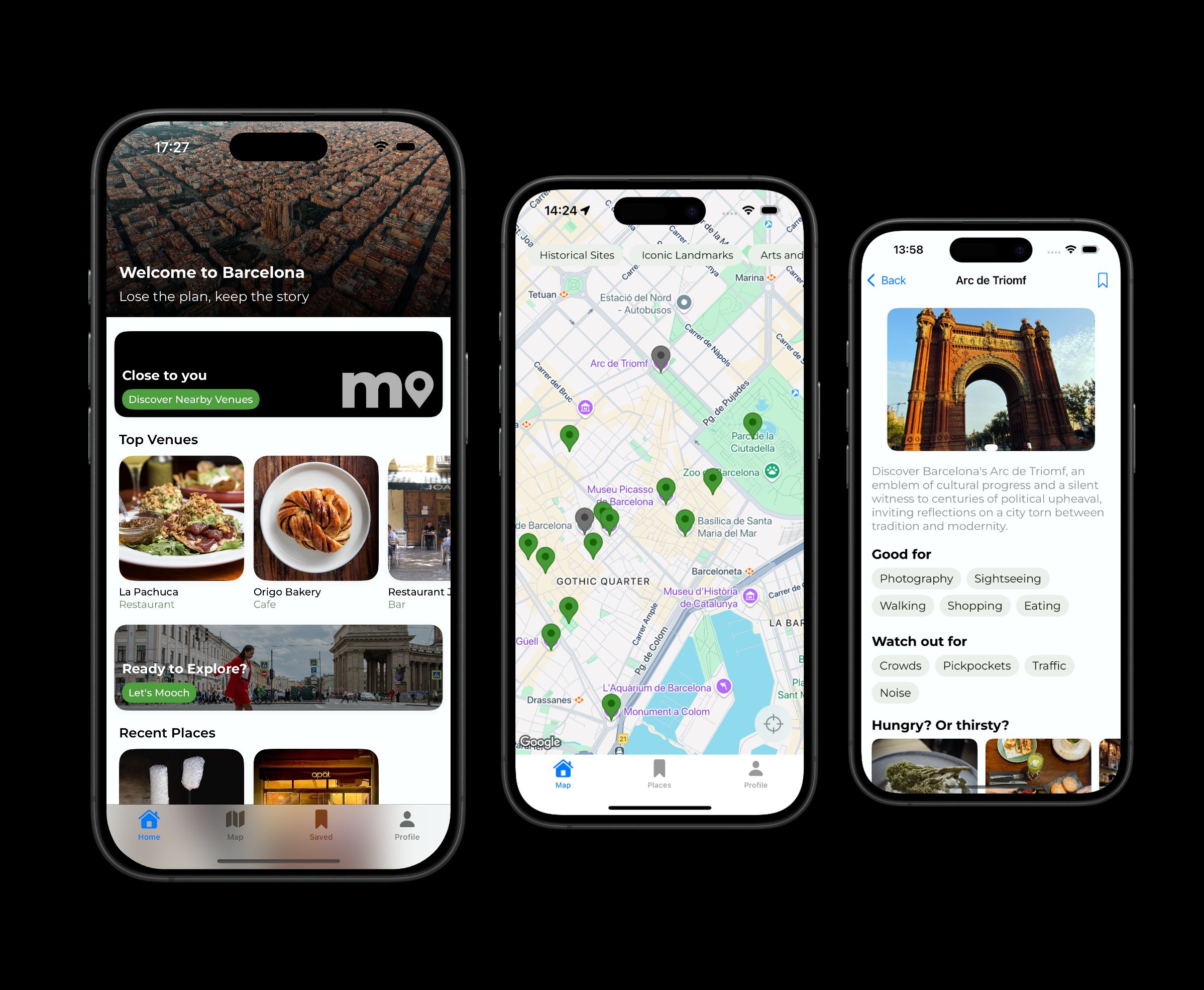Mooch app screenshots showing home screen, map view and venue detail page